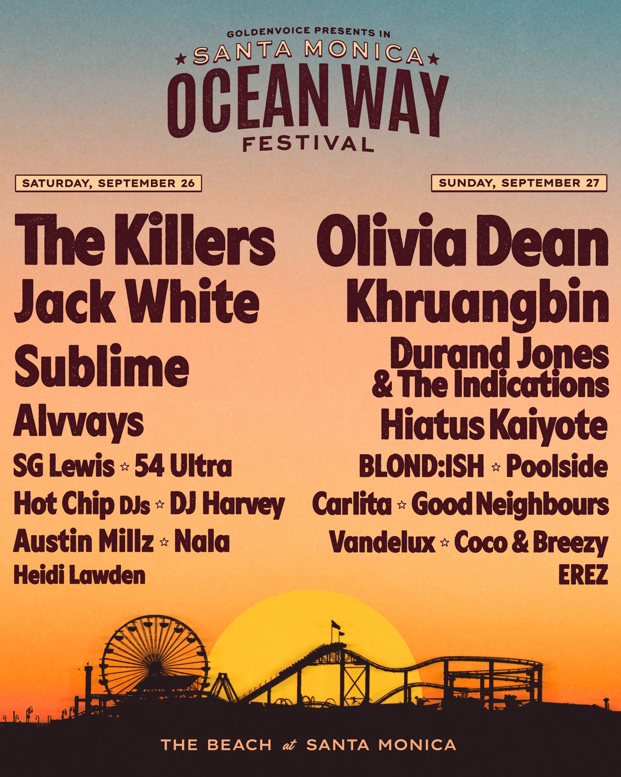 Ocean Way Festival poster in Santa Monica featuring headliners The Killers, Jack White, Olivia Dean, and Khruangbin with a pier sunset silhouette.